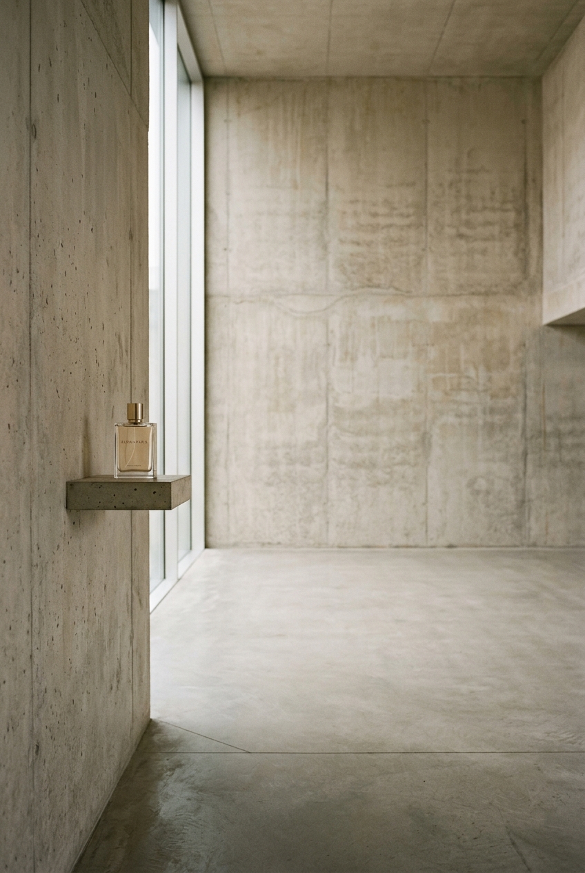Minimalist concrete interior with perfume bottle