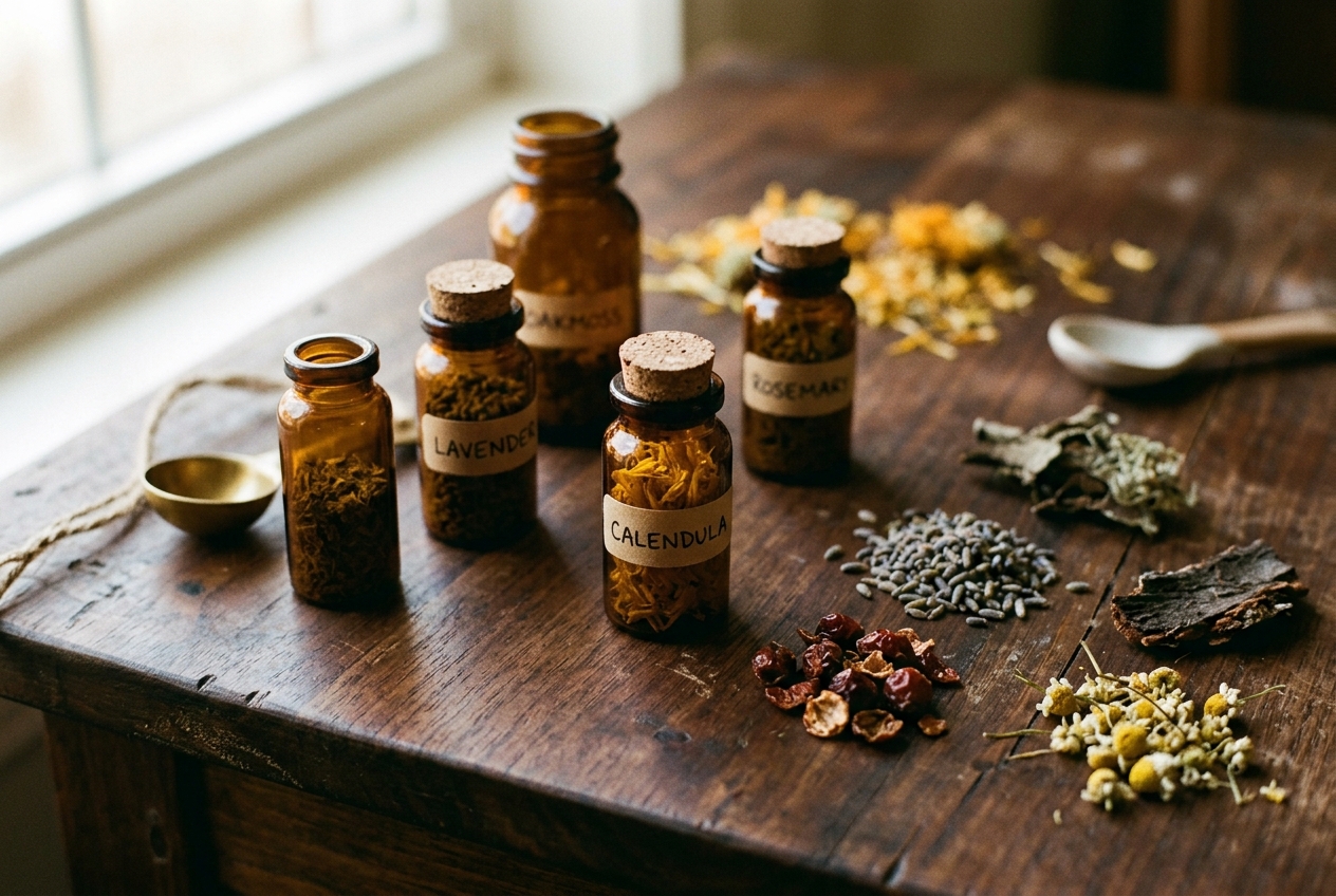 Amber glass vials and botanical ingredients